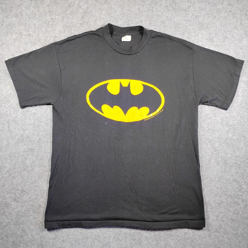 Vintage 1988 Batman T Shirt Mens Large Black Yellow Bat Symbol Made in USA 80s